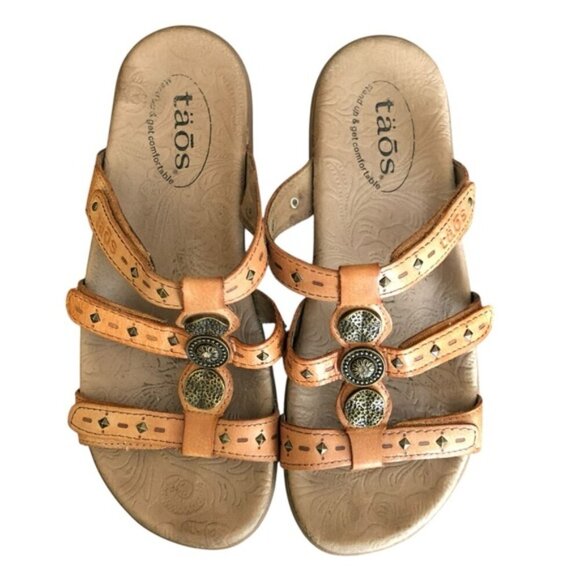 Taos Prize Leather Sandals Women’s Size 6 Tan 3 Strap Comfort - Picture 2 of 13